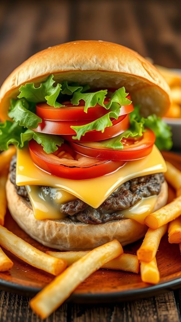A juicy homemade hamburger with lettuce, tomato, and onion on a toasted bun, served with fries.